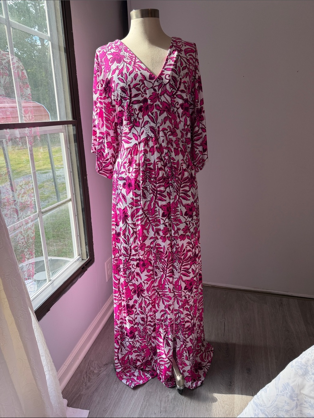Lilly Pulitzer roselle maxi dress Hot Pink and White Floral V-Neck elderflower